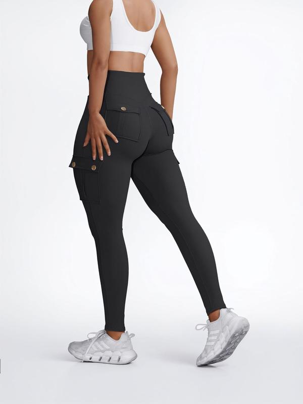 Women's Solid High Waist Pocket Sports Leggings, Casual Comfy Breathable Skinny Pants for Yoga Gym Workout Running, Ladies Sportswear for Fall & Winter