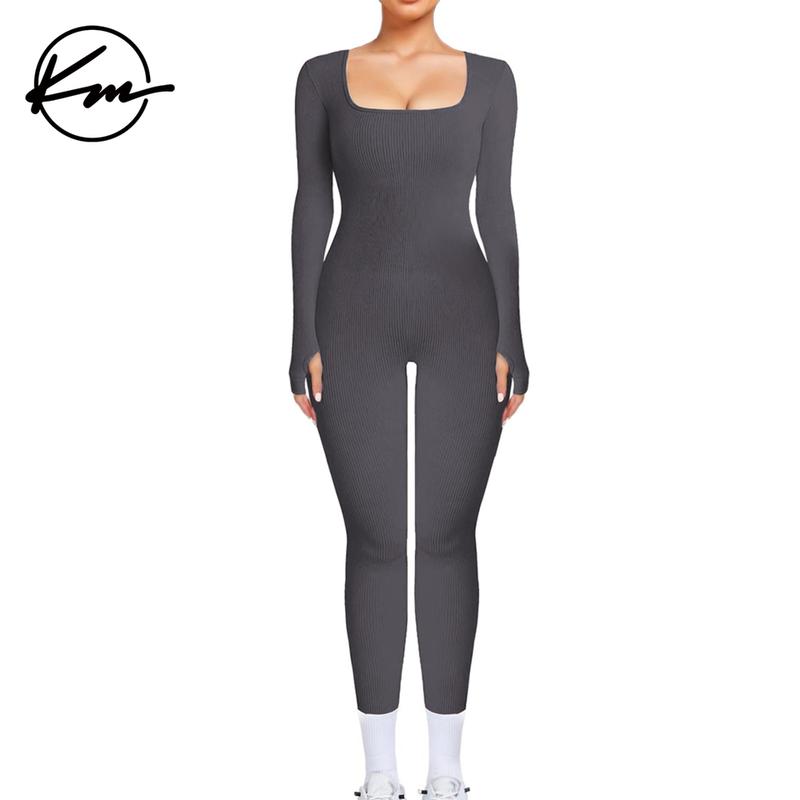 KatchMe Womenswear Workout Solid Color U Neck Seamless Long Sleeve Yoga Jumpsuit,Jumpsuit for Daily Outdoor Wear,Plain Thumb Holes Sportswear