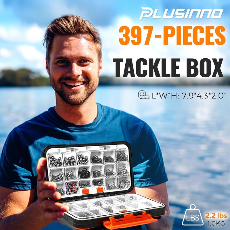 PLUSIO 264 397pcs Fishing Accessories Kit, Organized Fishing Tackle Box with Tackle Included, Fishing Hooks, Fishing Weights Sinkers, Swivels, Beads, Fishing Gear Set Equipment for Bass Trout