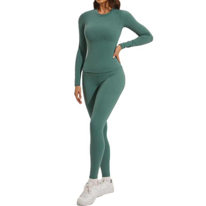 Women's Solid Color Sportswear Set - Long Sleeve Top & Skinny Pants for Yoga Gym Workout Running, All Season Tracksuits