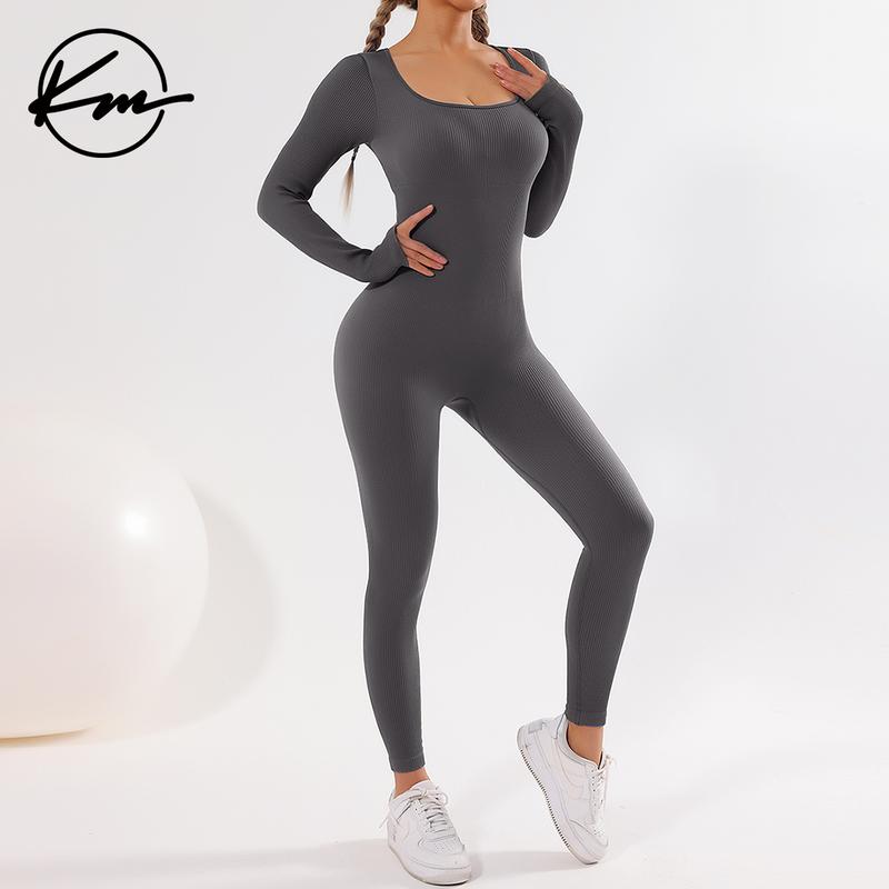 KatchMe Womenswear Workout Solid Color U Neck Seamless Long Sleeve Yoga Jumpsuit,Jumpsuit for Daily Outdoor Wear,Plain Thumb Holes Sportswear