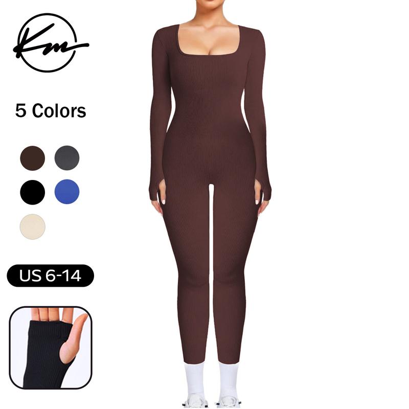 KatchMe Womenswear Workout Solid Color U Neck Seamless Long Sleeve Yoga Jumpsuit,Jumpsuit for Daily Outdoor Wear,Plain Thumb Holes Sportswear