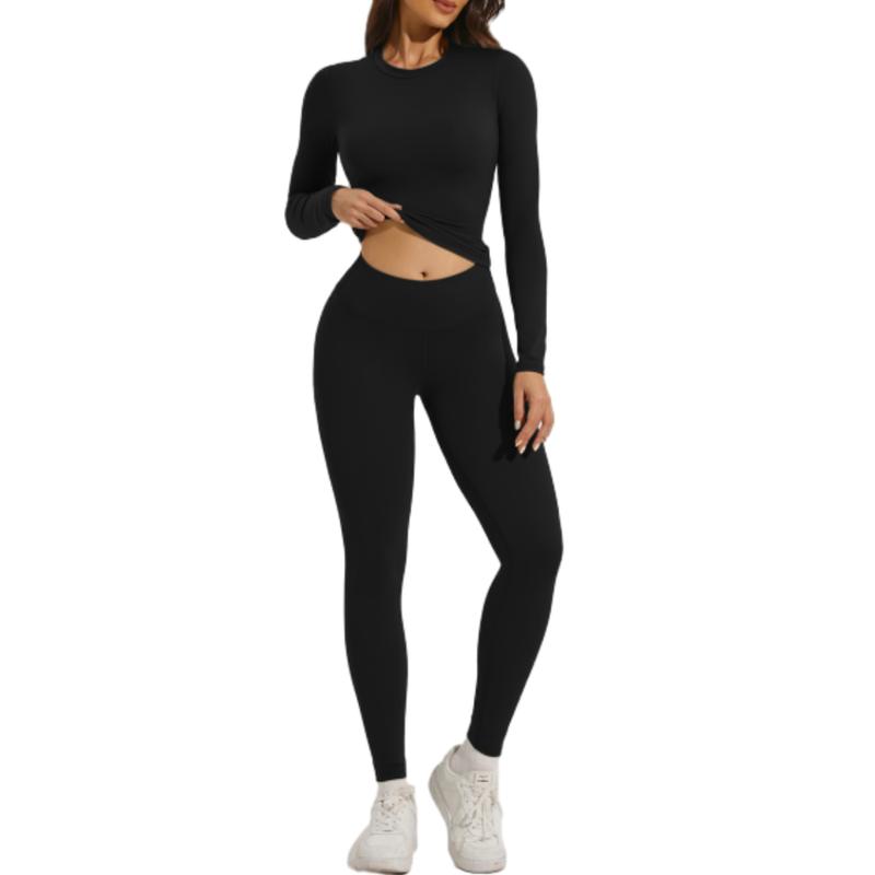 Women's Solid Color Sportswear Set - Long Sleeve Top & Skinny Pants for Yoga Gym Workout Running, All Season Tracksuits