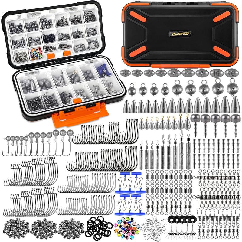 PLUSIO 264 397pcs Fishing Accessories Kit, Organized Fishing Tackle Box with Tackle Included, Fishing Hooks, Fishing Weights Sinkers, Swivels, Beads, Fishing Gear Set Equipment for Bass Trout