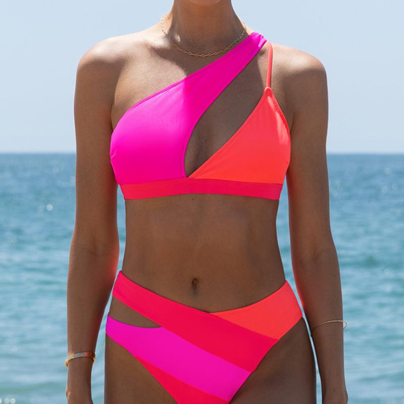 Popvil Cutout One-Shoulder Color Block Kylie Adjustable Straps Mid Waist Sexy Bikini Swimsuits - 2 Colors