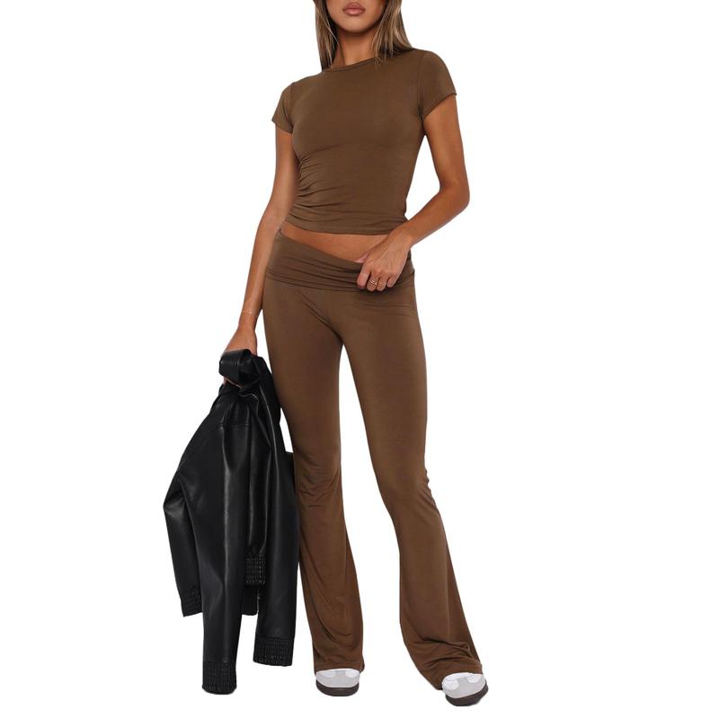 Women Two Piece Lounge Sets Matching Sets Short Sleeve Cropped Top Fold Over Flare Pants Yoga Tracksuit