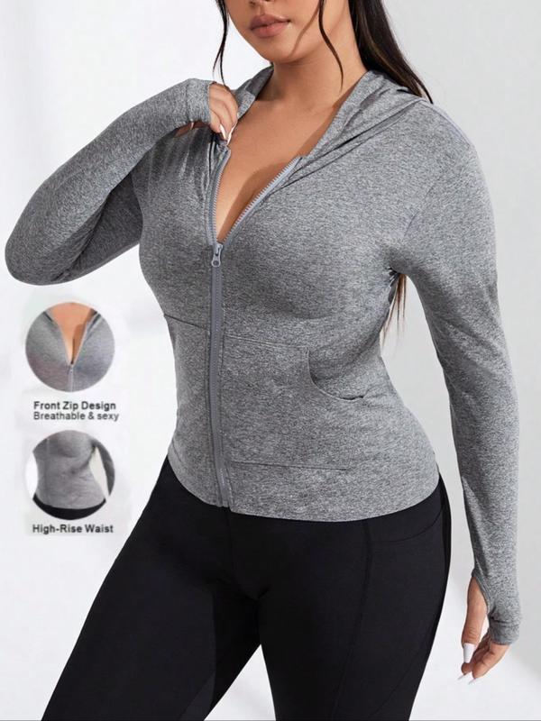 Sporty Women's Plus Size Zipper Sports Hoodie Jacket, Coats for School, Sport Thumb Hole Long Sleeve Pocket Outerwear, Ladies Plus Sportswear for All Seasons