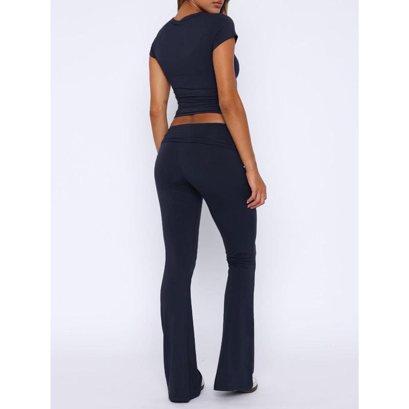 Women Two Piece Lounge Sets Matching Sets Short Sleeve Cropped Top Fold Over Flare Pants Yoga Tracksuit