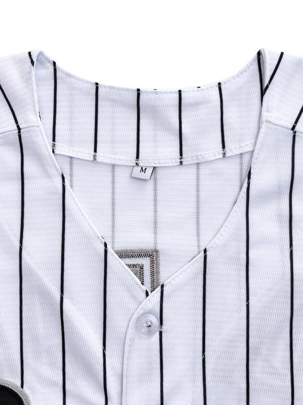 Men's Letter & Number Embroidery Baseball Jersey, Casual Striped  Short Sleeve Button Front Baseball Top, Breathable Sports Top for Men