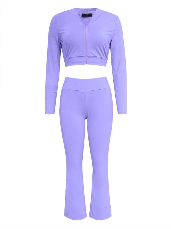 Three-piece Set Women's Solid Color Tank Top & High Waist Flare Leg Pants & Long Sleeve Zipper Crop Coat Sports Set,  Clothing Sets for Girls Sporty Comfy Breathable Outfits for Yoga Gym Workout Running, Ladies Sportswear for Fall, Black Girl Outfits