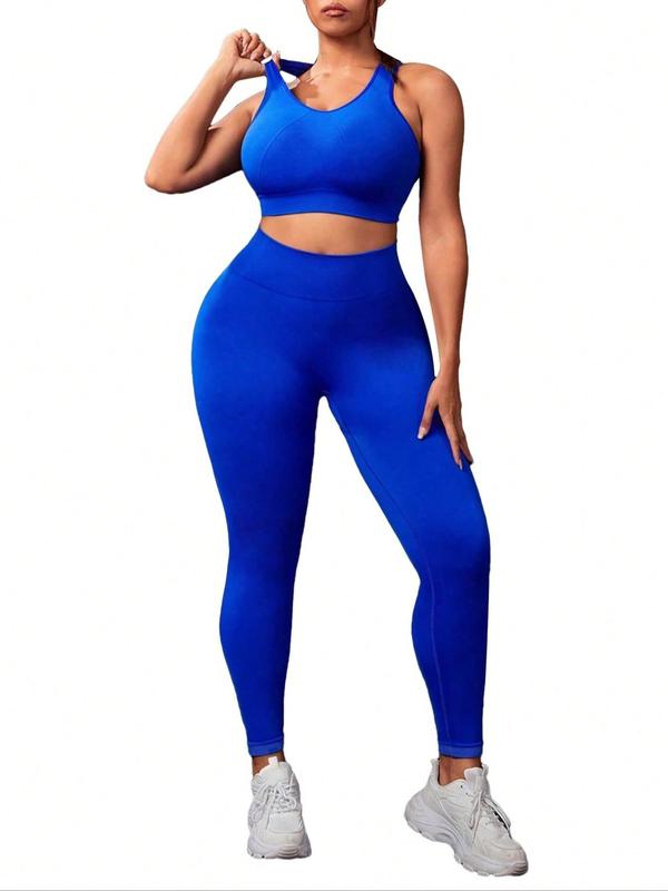 Women's Plus Size Tracksuit Set, Sporty Scoop Neck Crop Tank Top & High Waist Leggings, Breathable Outfits for Yoga Gym Workout, Ladies Summer Sportswear