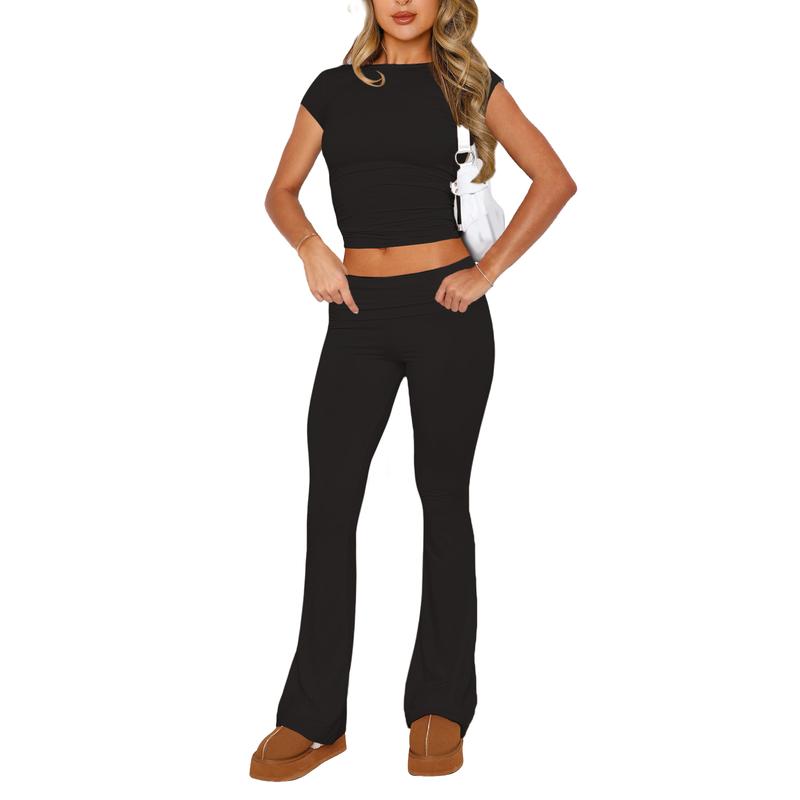 Women Two Piece Lounge Sets Matching Sets Short Sleeve Cropped Top Fold Over Flare Pants Yoga Tracksuit