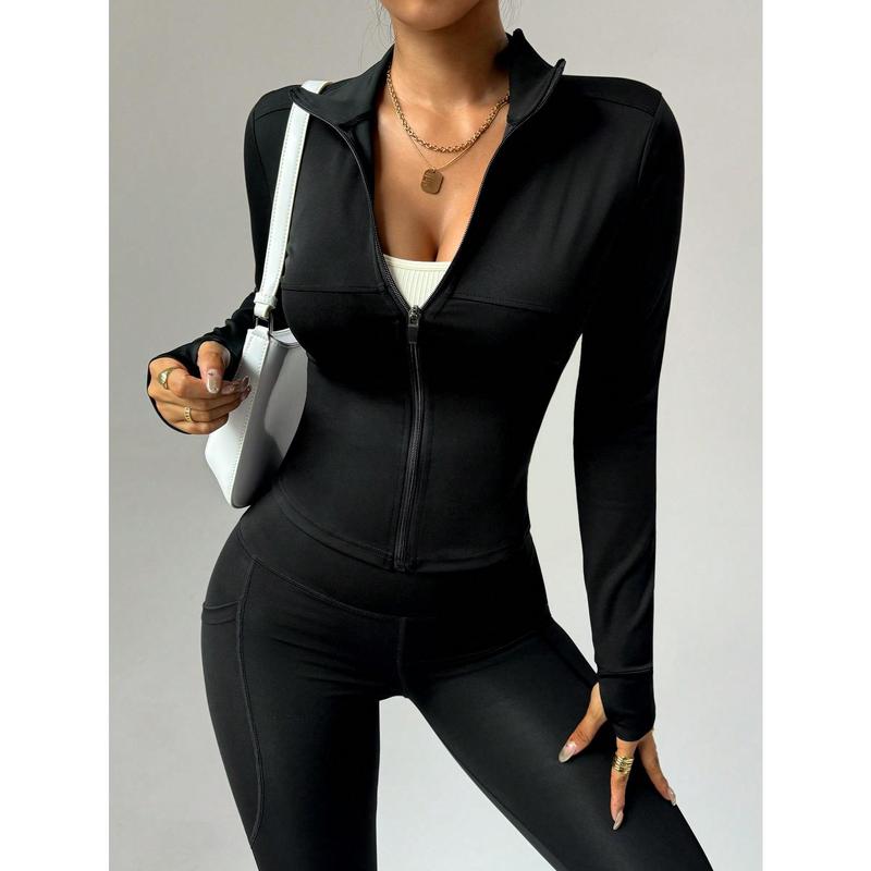 Women Fitted Gym Clothes Sports Running Fitness Zip-Up Stretchy Simple Stylish Sexy Tight Long Sleeve Yoga Jacket