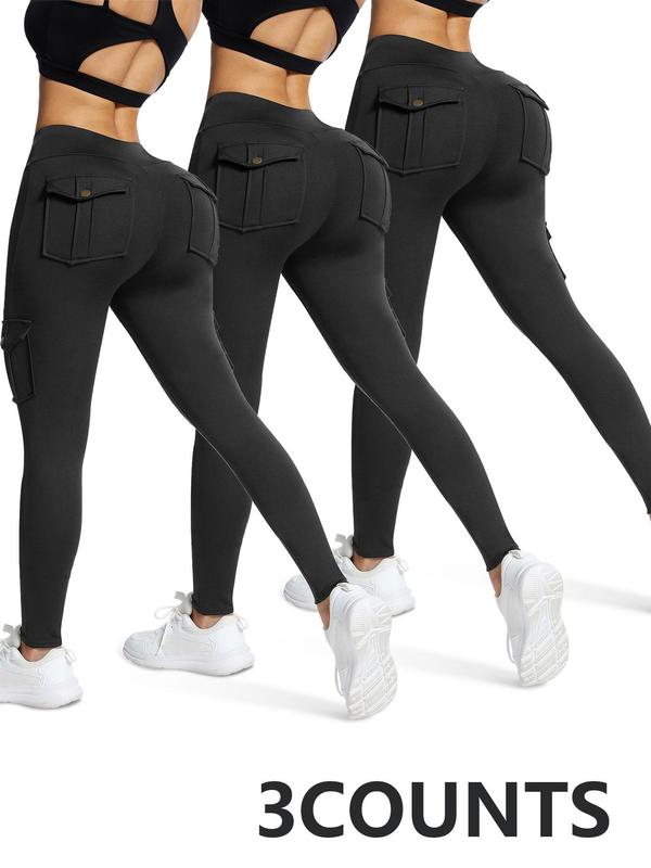 Women's Solid High Waist Button Pocket Sports Leggings, Sporty Comfy Breathable Skinny Pants for Yoga Gym Workout Running, Ladies Sportswear for All Seasons