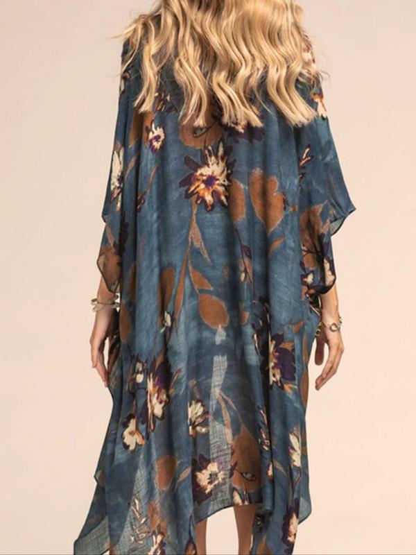 Women's Floral Print Batwing Sleeve Cover Up Top, Boho Casual Sheer Split Hem Cover Up for Beach Holiday Vacation, Bohemian Open Front Cover Up, Ladies Summer Clothes, Summer Tops for 2024, Summer Outfits 2024, Cover Ups for Women