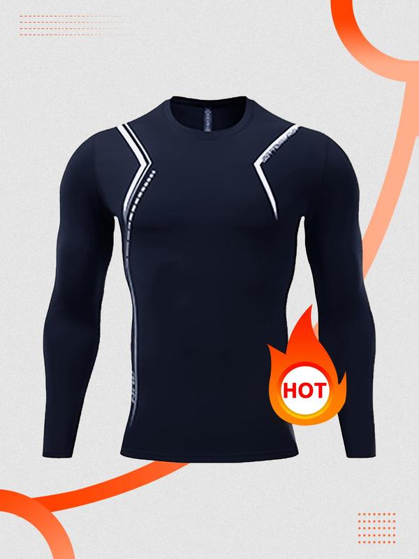 Men's Patterned Round Neck Sports Thermal Underwear Top, Long Sleeve Crew Neck Compression Top for Fall & Winter, Men's Sportswear for Outdoor Workout Running Training