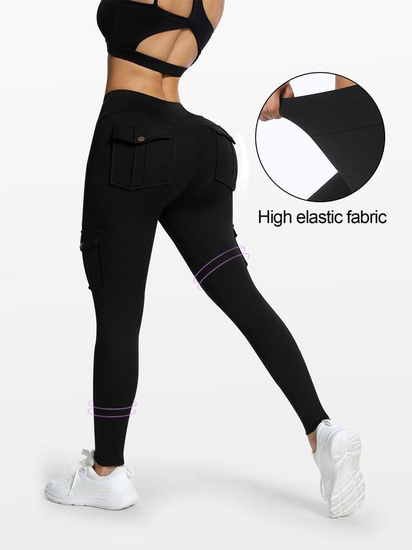 Women's Solid High Waist Button Pocket Sports Leggings, Sporty Comfy Breathable Skinny Pants for Yoga Gym Workout Running, Ladies Sportswear for All Seasons