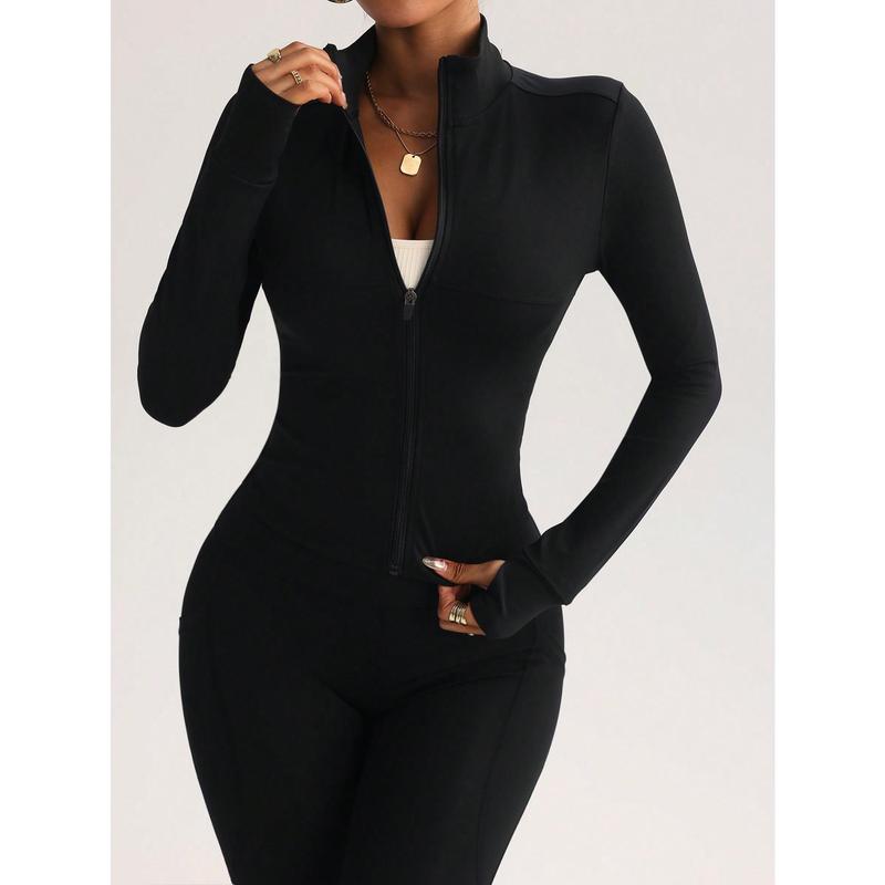 Women Fitted Gym Clothes Sports Running Fitness Zip-Up Stretchy Simple Stylish Sexy Tight Long Sleeve Yoga Jacket