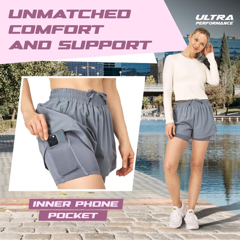 Ultra Performance Gym Shorts Women Pack of 2, Nylon Compression Workout Shorts Women with Liner