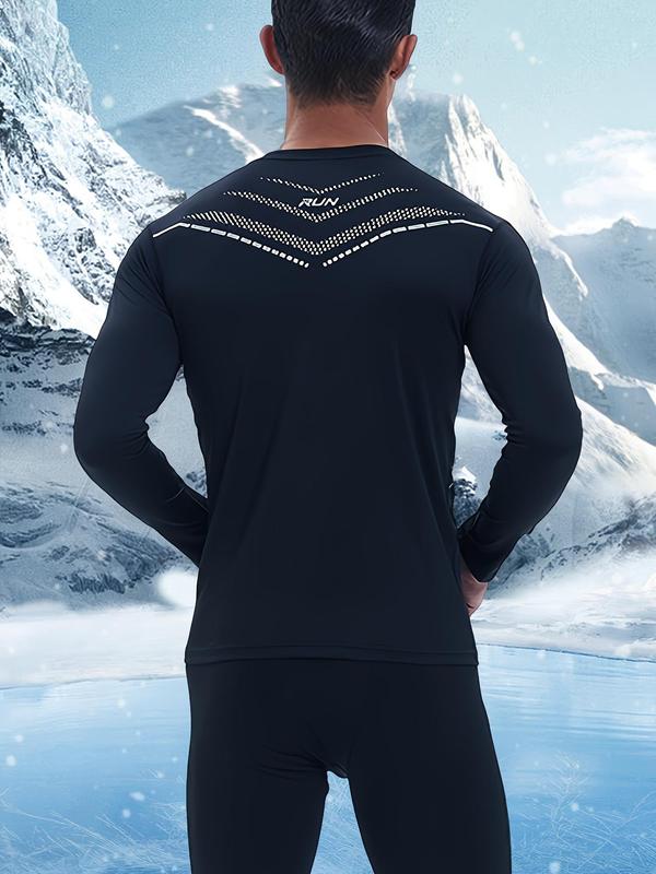 Men's Patterned Round Neck Sports Thermal Underwear Top, Long Sleeve Crew Neck Compression Top for Fall & Winter, Men's Sportswear for Outdoor Workout Running Training