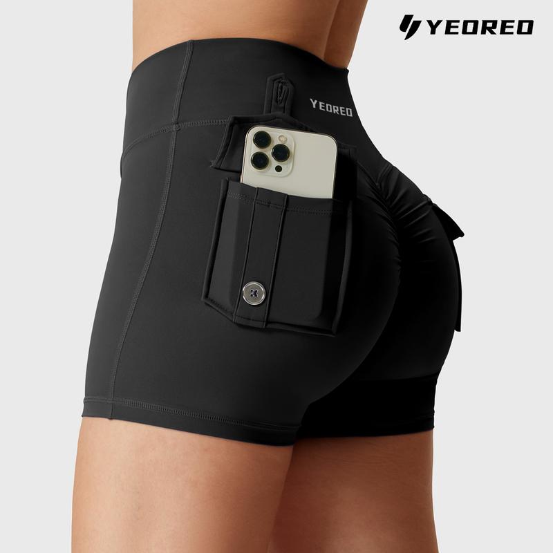 YEOREO Scrunch Workout Shorts with Pockets Charm Gym Biker Shorts for Women High Waisted Yoga Booty Shorts athletic high waisted