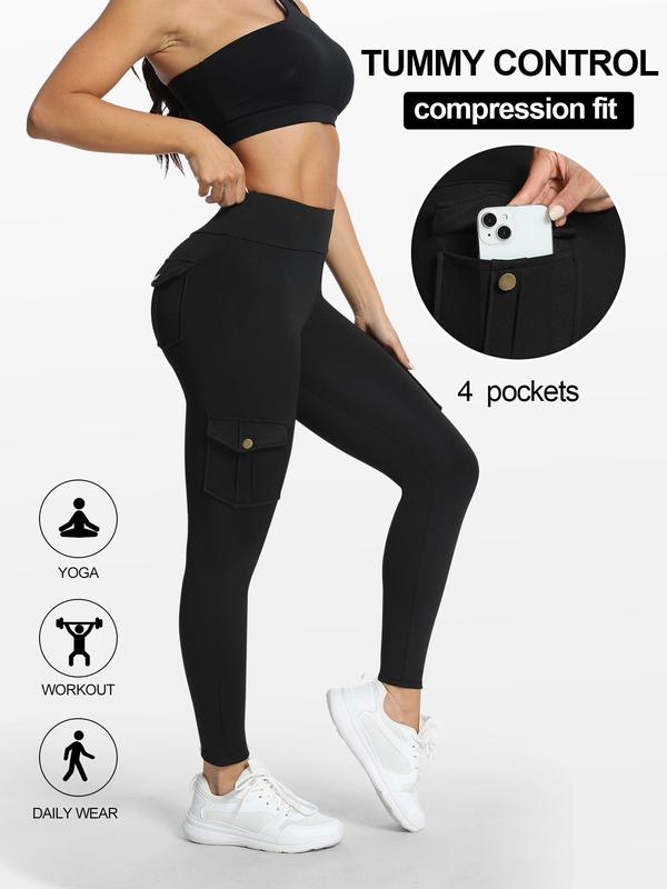 Women's Solid High Waist Button Pocket Sports Leggings, Sporty Comfy Breathable Skinny Pants for Yoga Gym Workout Running, Ladies Sportswear for All Seasons