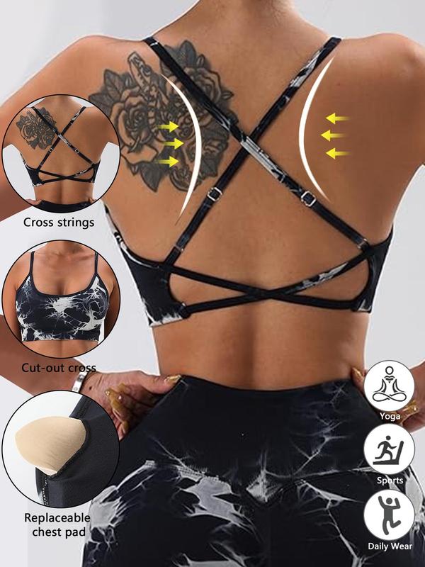 Women's Tie Dye Print Criss Cross Backless Sports Bra, Comfortable Breathable Adjustable Strap Wireless Sports Bra, Ladies Sportswear for Indoor Outdoor Wear