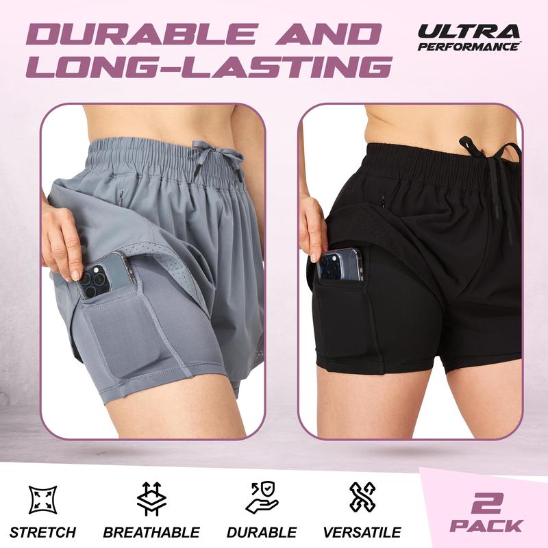 Ultra Performance Gym Shorts Women Pack of 2, Nylon Compression Workout Shorts Women with Liner