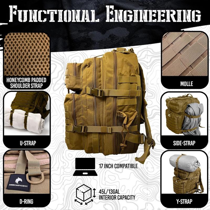 45L Elite Tactical Backpack | 3X Stronger Work & Military Backpack | Water Resistant and Heavy Duty | 3 Day MOLLE Bug Out Bag (Dune Brown)