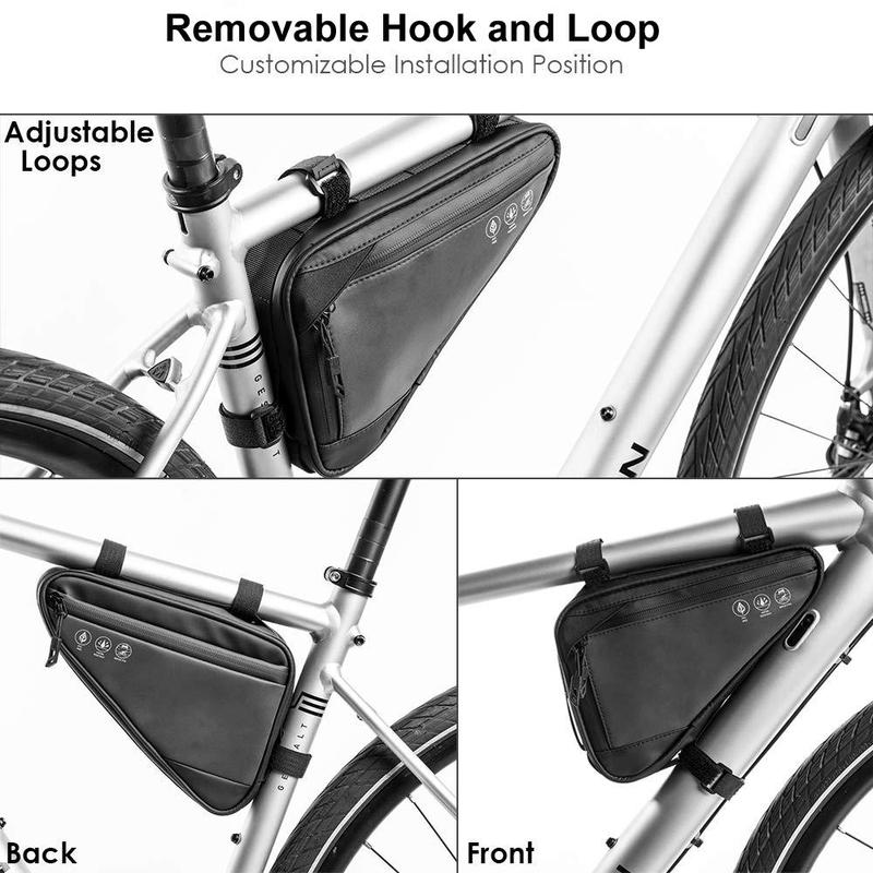 Bike Frame Storage Bag, Water Resistant Reflective Bicycle Triangle Bag with Two Side Pockets, Strap-on Under Seat Tool Pouch for Mountain Road Bike Trip