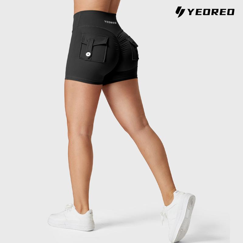 YEOREO Scrunch Workout Shorts with Pockets Charm Gym Biker Shorts for Women High Waisted Yoga Booty Shorts athletic high waisted