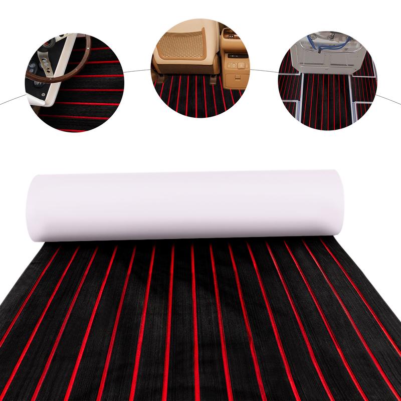 EVA Faux Teak Boat Deck Mat - Non-Slip Plastic Wood Flooring for Yachts and RVs with Black and Red Stripes