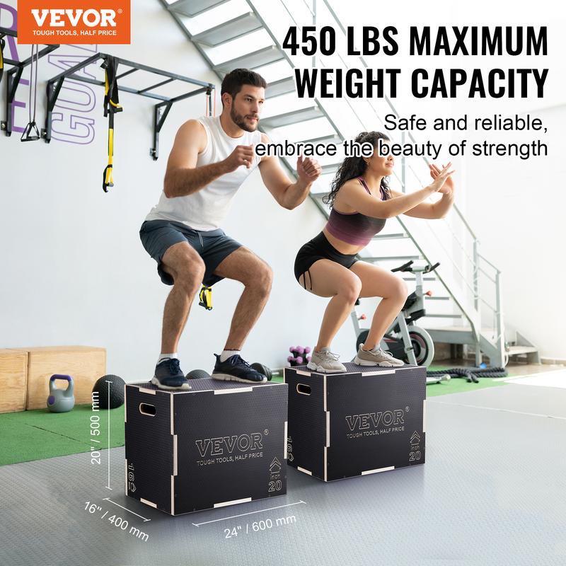 VEVOR 3 in 1 Plyometric Jump Box, 24 20 16 Inch Wooden Plyo Box, Platform & Jumping Agility Box, Anti-Slip Fitness Exercise Step Up Box for Home Gym Training, Conditioning Strength Training, Black