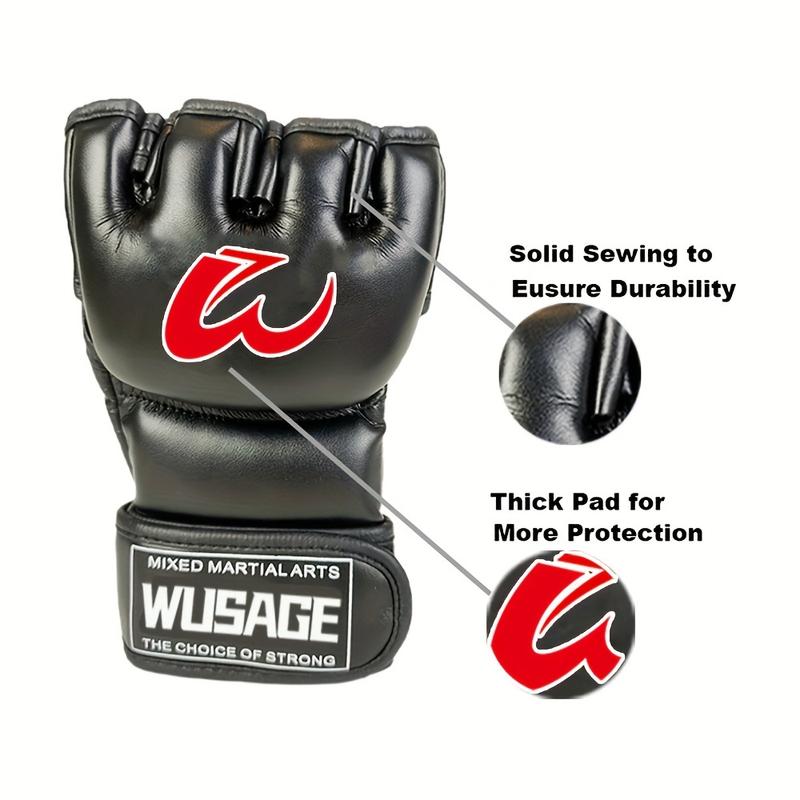 WUSAGE MMA Gloves, Unisex No-Finger Boxing Gloves, Black, Hook & Loop Closure, 1pc, Faux Leather, Breathable Mesh, Anti-Wear Faux Leather Strap, Durable for Martial Arts Training