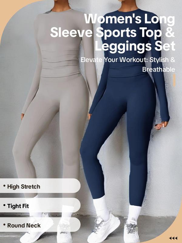 Women's Solid Long Sleeve Sports Top & Sports Leggings Two Pieces Suit, Casual Comfy Breathable Top & Leggings for Yoga Gym, Ladies Sportswear for Winter