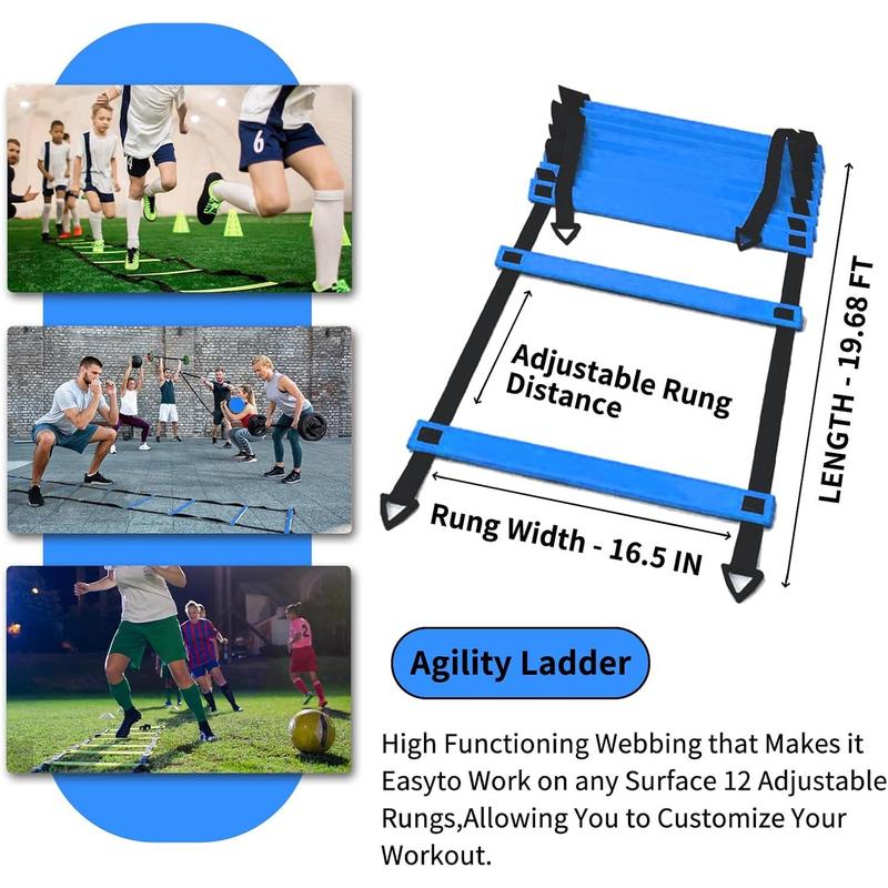 Soccer Agility  Equipment Set, 12 Rung 20Ft Agility Ladder, 12 Disc Cones, 4 Steel Stakes, Solo Soccer Trainer, Jump Rope - Speed  Equipment for Soccer Football Basketball