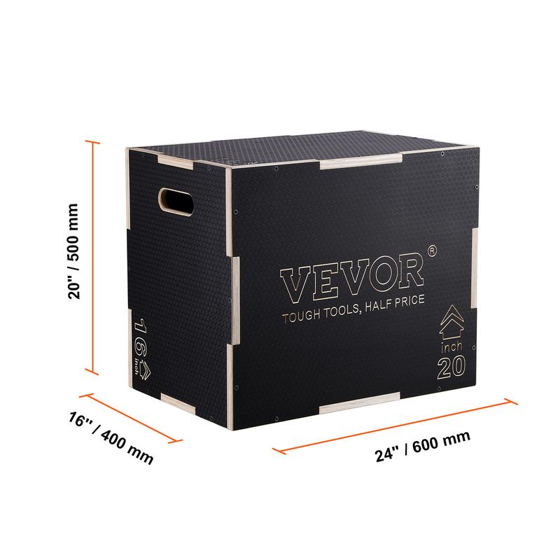 VEVOR 3 in 1 Plyometric Jump Box, 24 20 16 Inch Wooden Plyo Box, Platform & Jumping Agility Box, Anti-Slip Fitness Exercise Step Up Box for Home Gym Training, Conditioning Strength Training, Black