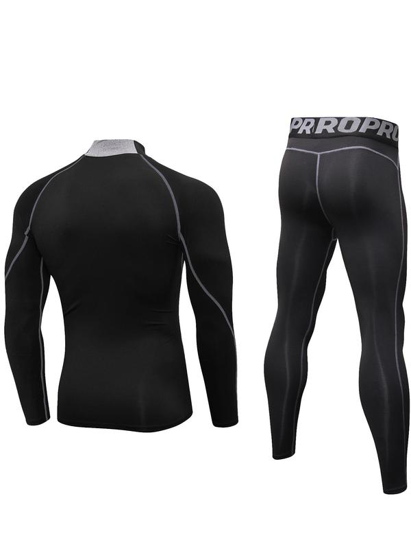 Two-Piece Set Men's Long Sleeve Mock Neck Compression Top & Leggings Tracksuit Set, Casual Tight Top & Letter Print Skinny Pants, Sportswear Clothing for Indoor Outdoor Wear