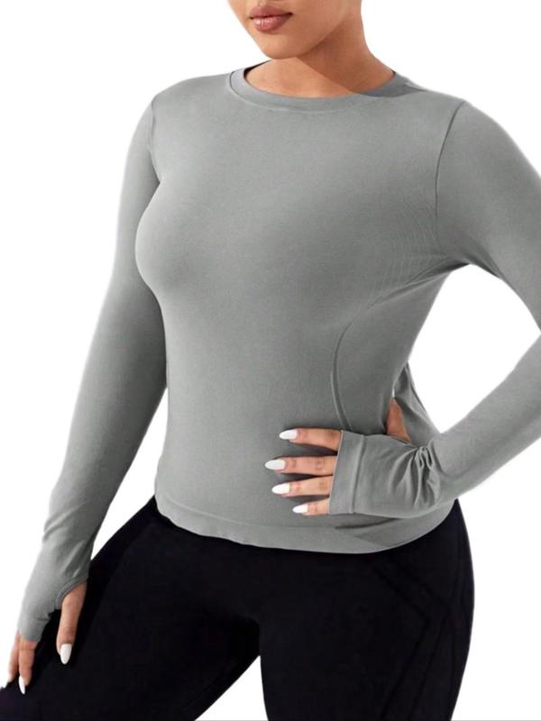 Plus Size Solid Cut Out Round Neck Sports Tee, Casual Long Sleeve Crew Neck T-Shirt for Summer, Women's Sport & Outdoor Clothing for Indoor Outdoor Wear