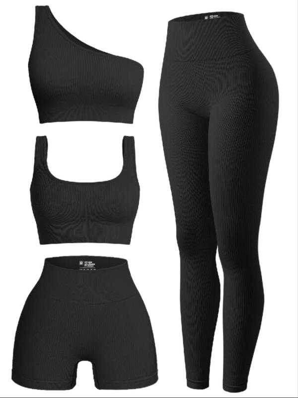 Women's Solid One Shoulder Sports Bra & Scoop Neck Crop Top & Skinny Shorts & High Waist Leggings Tracksuit Set, Breathable Comfortable Sports Outfits for Yoga Gym Workout Running, Ladies Sportswear for All Seasons