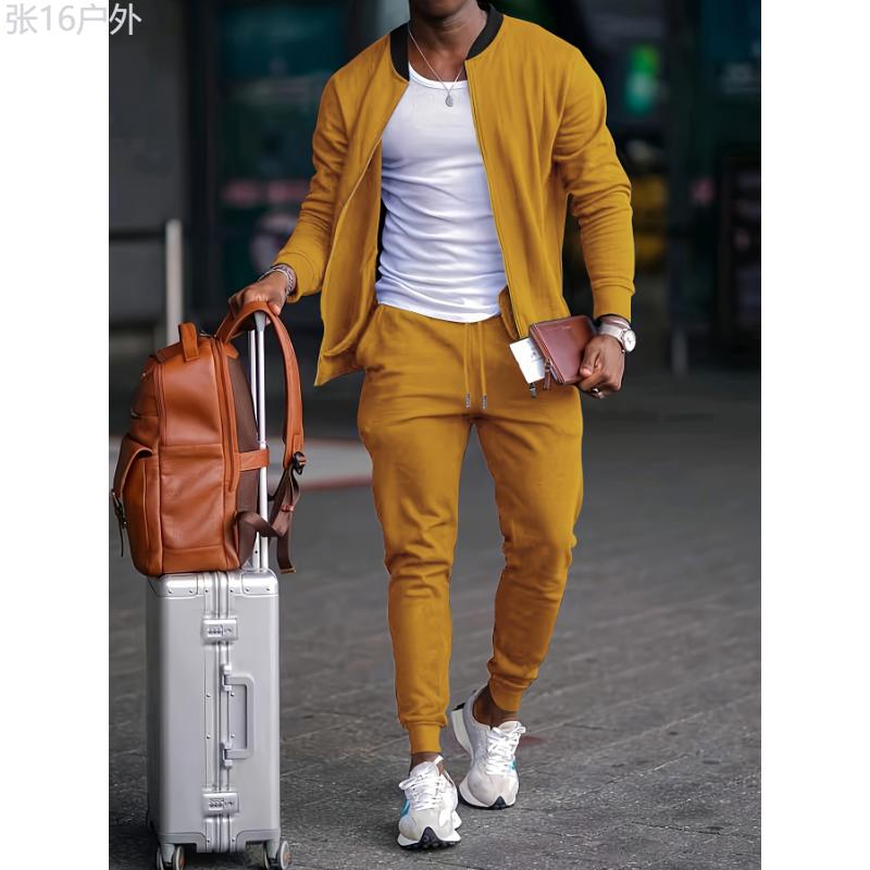 Men's Outfit, Solid Long Sleeve Zip Up Jacket & Drawstring Joggers 2-piece Set For Outdoor Jogging Gym Workout