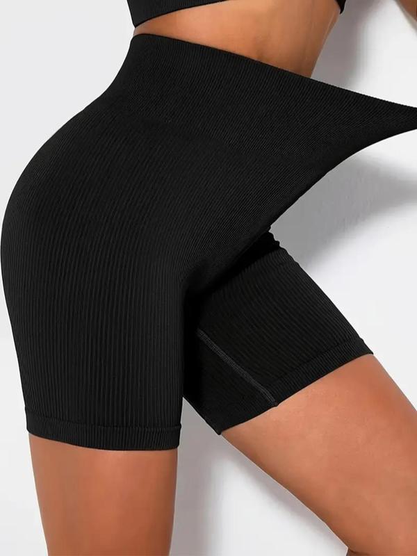 Women's Solid Ribbed High Waist Sports Shorts, Breathable Comfortable High Stretch Yoga Shorts, Ladies Sportswear for Indoor Outdoor Wear