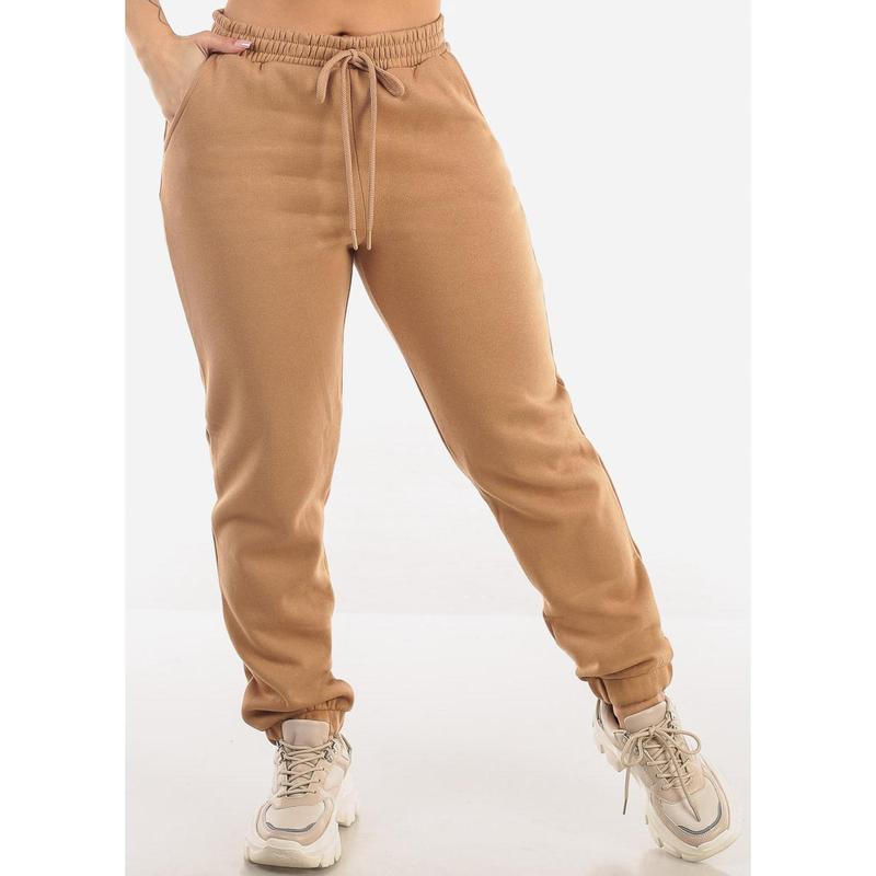 Drawstring Waist Fleece Jogger Pants Camel