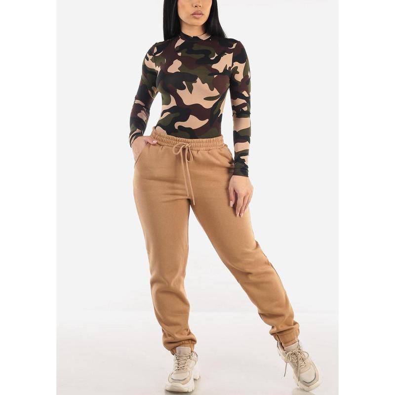 Drawstring Waist Fleece Jogger Pants Camel