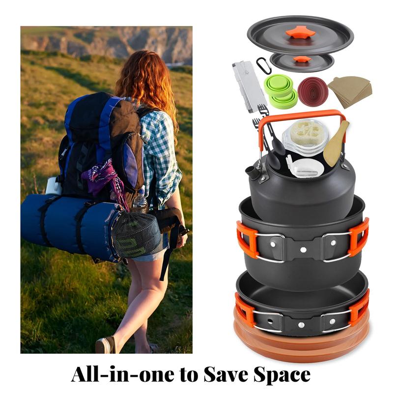 Camping Cooking Cookware Mess Kit - Non-Stick Lightweight Pot Pan Kettle Set with Collapsible Pour Over Coffee Dripper, Outdoor Kitchen Cook Essentials Gear for Camping Hiking Picnic