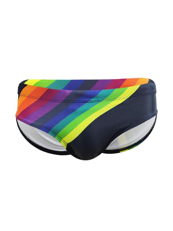 LGBTQ+ Unisex Men Swim Trunks Rainbow Stripe Print Tie Front Swim Knicker, Casual Comfy Breathable Swim Bottoms for Summer, Swimwear for Beach Swimming