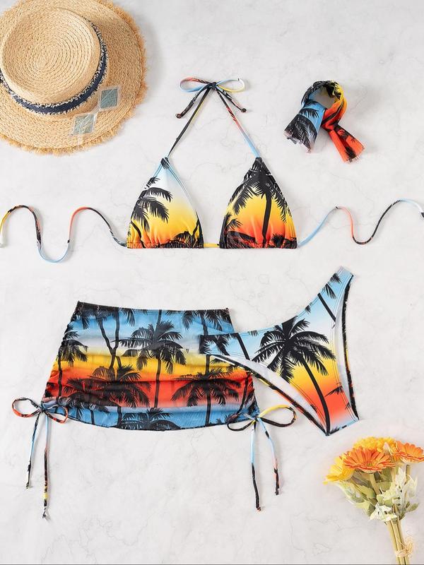 Two-Piece Set Women's Tropical Print Halter Triangle Swim Bra & Swim Panty & Drawstring Ruched Knot Side Cover Up Skirt Bikini Set, Casual Fashion Swimwear Set for Beach Holiday Vacation, Ladies Clothes for Summer