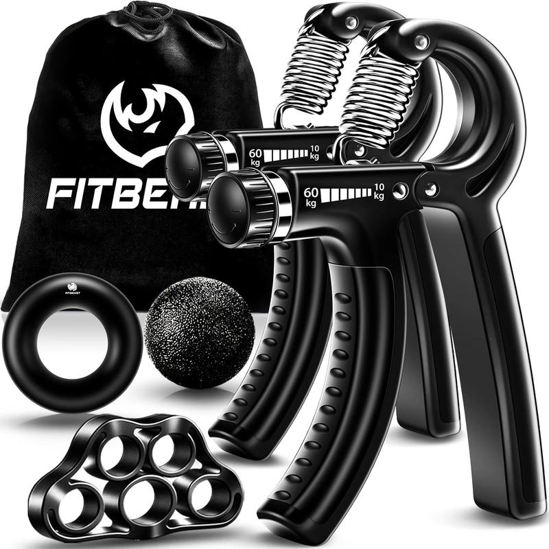 FitBeast Hand Grip Strengthener Workout Kit (5 Pack), 2 Forearm Grip Adjustable Resistance Hand Gripper, Finger Stretcher, Grip Ring & Stress Relief Grip Ball for Athletes