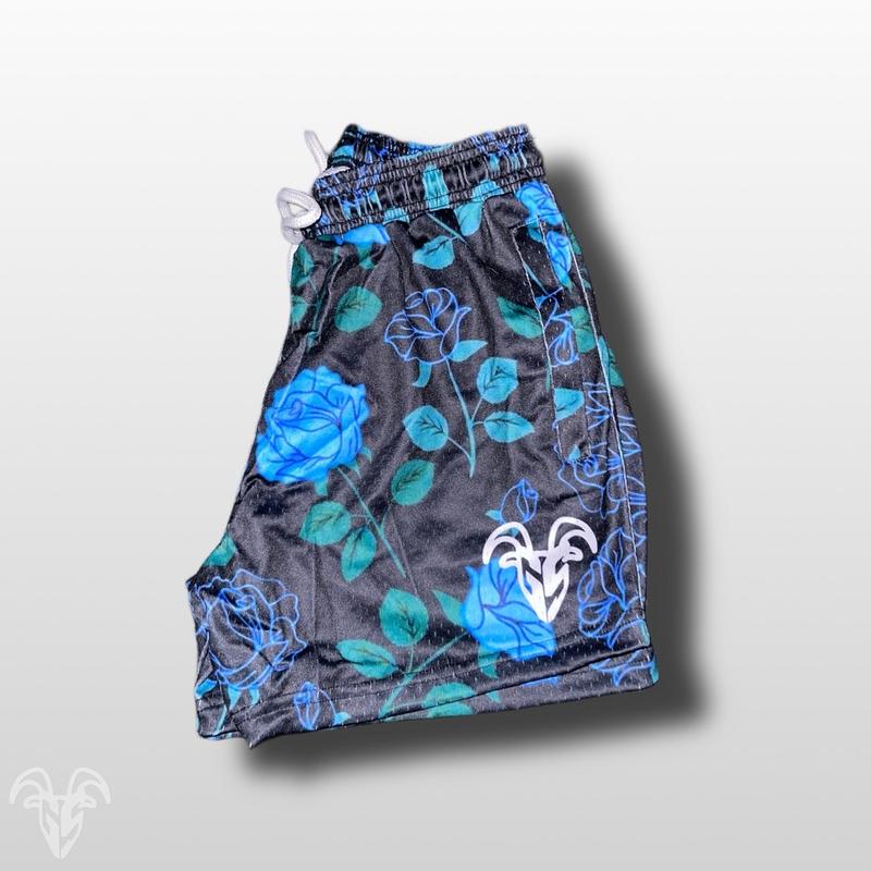 Men's Floral Mesh Gym Shorts - 5 Inch Inseam gym shorts, Zipper Pocket | Exotic Fitness Activewear | Rose design shorts - Mens blue rose mesh gym shorts outfits hoochie daddy shorts