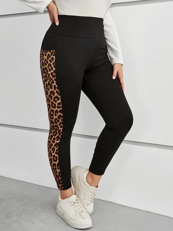  Patchwork Leopard Print Pocket Sports Leggings, High Waist Skinny Pants for Yoga Gym Workout, Sports Bottoms